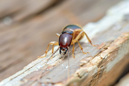 macro image of a termite on wooden plank
