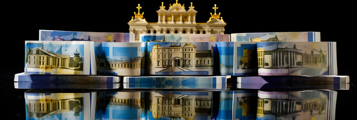 Impressive Display of Wealth with Stacked Euro Banknotes - Symbolizing Prosperity and Solid Financial Standing - obrazy, fototapety, plakaty