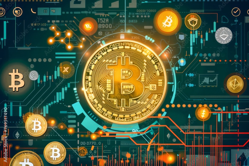 Poster digital bitcoin cryptocurrency concept with circuit board background and financial growth graphs