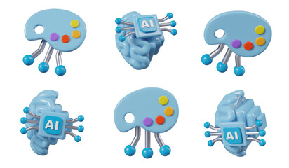 3D palette, brain with processor, control levers. Set of 3D vector objects in different positions