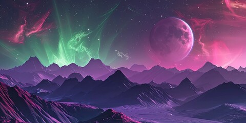 alien landscape with mountains, purple and green colors