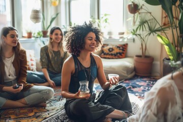 A diverse group of people gathers in a cozy living room, engaged in various self-care activities. The atmosphere is serene and supportive, promoting relaxation and well-being. - obrazy, fototapety, plakaty