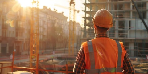 Engineer from behind on a construction site, right side of the image, wearing an orange vest, safety helmet, observing a large construction project, 