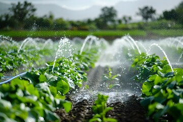Efficient irrigation systems in agriculture optimize water usage promoting sustainable farming practices. Concept Sustainable Agriculture, Irrigation Systems, Water Conservation, Farming Practices - obrazy, fototapety, plakaty