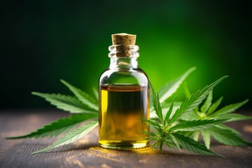 Jar with hemp oil on a background with hemp leaves, concept for cosmetic body and face care

