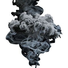 Explosion of a cloud of powder of particles of colors gray and black on a white background