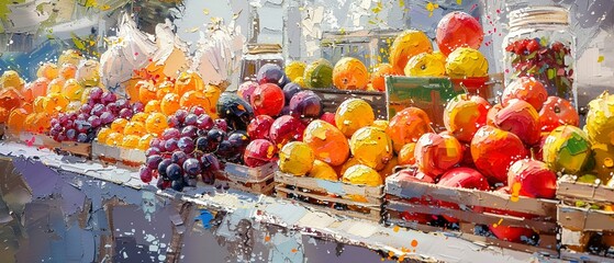 Farmers market, oil painting texture, colorful fruits, bright noon, high perspective.