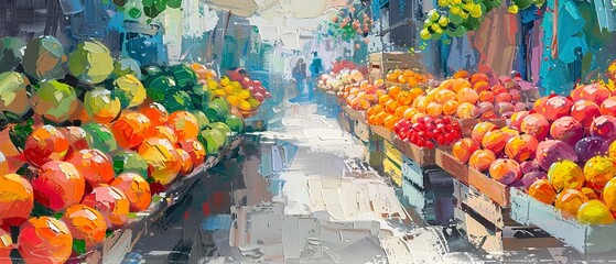 Farmers market, oil painting texture, colorful fruits, bright noon, high perspective. - obrazy, fototapety, plakaty