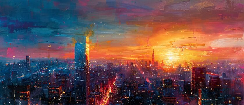 Future cityscape, oil paint visual, sleek skyscrapers, twilight hues, high angle.