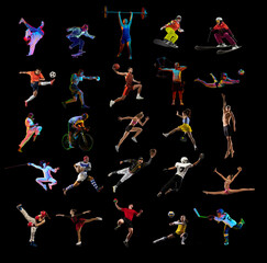 Collage made of different people, men and women, athletes of different sports in motion, training...