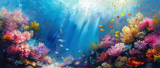 Fototapeta na wymiar Coral reef, oil paint visual, underwater paradise, sunny day, close-up focus.