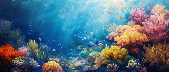 Coral reef, oil paint visual, underwater paradise, sunny day, close-up focus. - obrazy, fototapety, plakaty