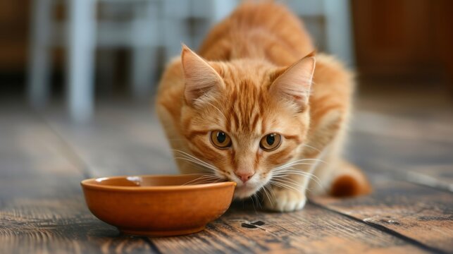 Close up kat eating food in sunlit kitchen, concept of pet care, animal behavior with copyspace

