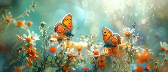 Obraz na płótnie Canvas Blossoming garden, oil paint finish, butterflies, bright midday, macro lens style.