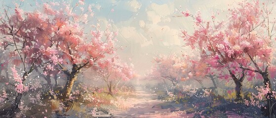 Obraz na płótnie Canvas Blossoming cherry orchard, oil paint style, soft morning light, wide-angle view.