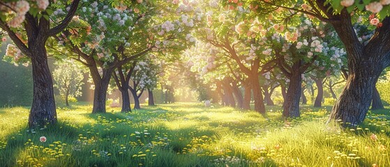 Blossoming cherry orchard, oil paint style, soft morning light, wide-angle view. - obrazy, fototapety, plakaty