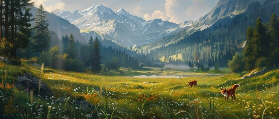 Alpine meadow, oil painting effect, frolicking foxes, soft dusk light, low camera angle.