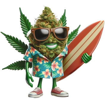 Surfer cannabis character with surfboard. Cartoonish marijuana hemp bud funny character joyful and relaxed, isolated on white transparent background. Good for stickers or t-shirt design