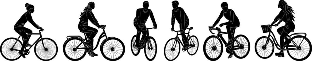 people on bicycle, vector silhouette set