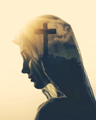 Double exposure image of our lady of grace, Mary and Christian cross - obrazy, fototapety, plakaty