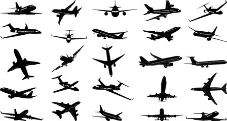 set of passenger planes from different angles silhouette vector - obrazy, fototapety, plakaty
