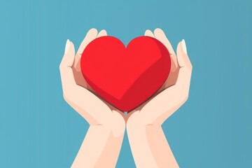 A minimalist illustration showcases two hands gently cradling a heart, symbolizing care and healing in healthcare. The simplicity and efficacy of medical care. - obrazy, fototapety, plakaty