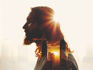 Double exposure image of Jesus Christ and skyscrapers - obrazy, fototapety, plakaty