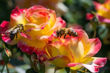 Obraz na płótnie Canvas bees pollinating vibrant roses in an outdoor garden