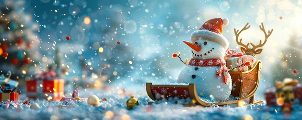 Fotobehang A festive scene of a snowman and a reindeer with a sleigh full of presents © AI ARTISTRY
