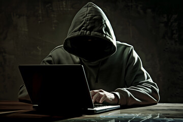 Anonymous hacker typing computer laptop. Cybercrime, cyberattack, dark web concept.