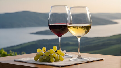 a glass of wine on the background of mountains, in nature. the text space. copy space