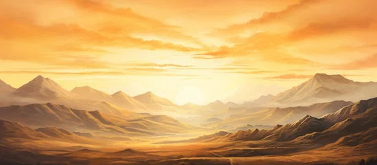 Poster A natural landscape painting featuring a mountain silhouette against a backdrop of a red sky at dusk, with cumulus clouds and orange afterglow © pngking