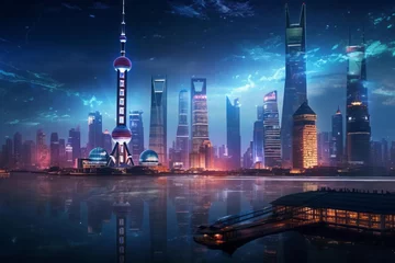  A futuristic vision of urban life in Shanghai, China, where skyscrapers pierce the clouds and neon lights bathe the streets in an otherworldly glow. © DK_2020