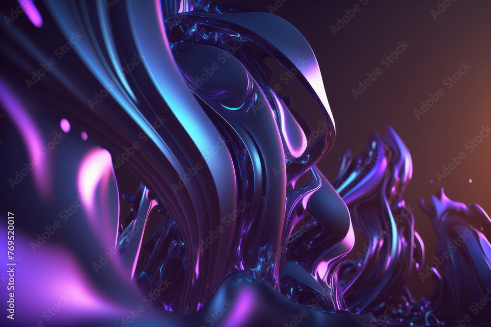 Poster purple and blue glossy wallpaper with abstract shapes. glowing wavy texture. background with curvy o