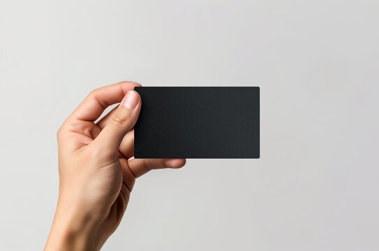 Business card mockup in woman hand. Black calling card template on isolated white. Generative ai