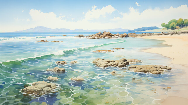 A digital painting of a seashore during low tide, pristine beach with foamy waves gently rolling onto the sand and cliffs in the distance under a clear sky.