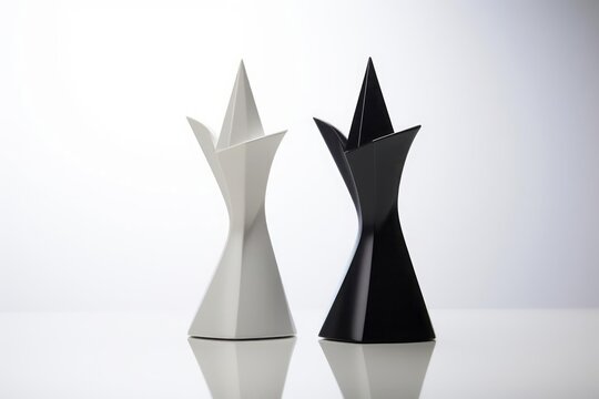 Two abstract queen chess pieces are depicted with minimalistic elegance