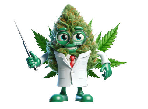 Cannabis smart scientist or doctor character with pointer. Cartoonish marijuana medical hemp leaf bud isolated on white transparent background. Good for presentation benefits of medical hemp