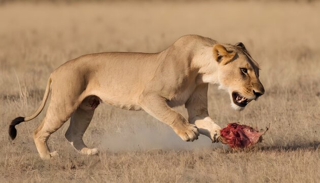 A Lioness Dragging A Kill Back To The Pride
