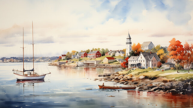 Digital painting of a coastal village with a sailboat anchored in the calm bay, flanked by the warm colors of autumn trees and historic architecture.