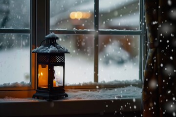 snow lantern on a window sill, gentle light spilling into a dark room