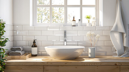 Fototapeta na wymiar Modern bathroom in Scandinavian style with greenery and sunlight. Bathroom design concept with white sink, wooden countertop and white brick wall. Generated AI