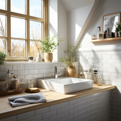 Fototapeta na wymiar Modern bathroom in Scandinavian style with greenery and sunlight. Bathroom design concept with white sink, wooden countertop and white brick wall. Generated AI