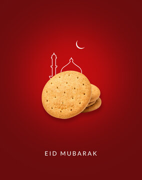 Eid Mubarak, Biskut shape eid moon and mosque. Eid Mubarak and Ramadan Mubarak Biskut shop or restaurant concept. creative eid design.