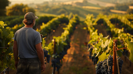 Back view of a farmer gazing over a vineyard rich with ripe grapes, bathed in the warm, soft light of the early evening. - obrazy, fototapety, plakaty