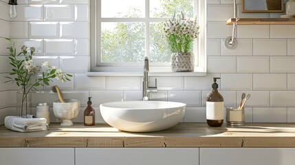 Modern bathroom in Scandinavian style with greenery and sunlight. Bathroom design concept with white sink, wooden countertop and white brick wall. Generated AI