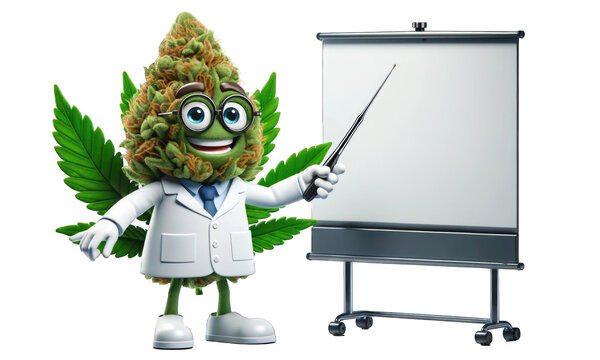 Cannabis cute character scientist or doctor with flipchart and pointer. Cartoonish marijuana hemp leaf bud isolated on white transparent background with copy space for text
