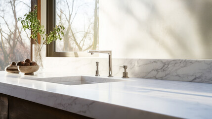 Marble countertop with free space for product montage or mockup with white kitchen in scandinavian style against window background with morning sunlight. AI generated
