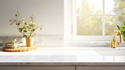 Marble countertop with free space for product montage or mockup with white kitchen in scandinavian style against window background with morning sunlight. AI generated