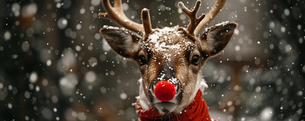 A reindeer with a red nose and a santa suit